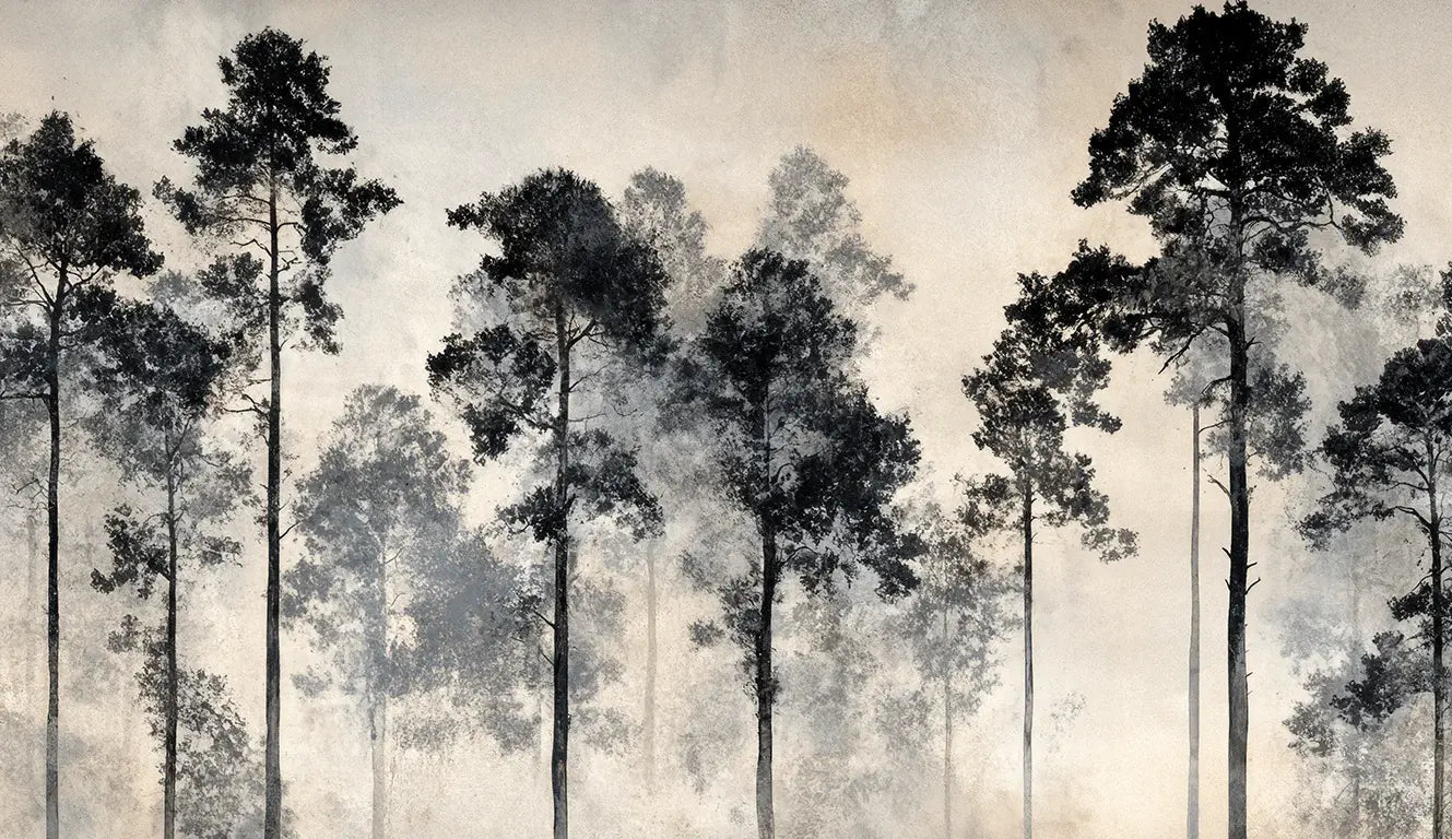 Voyage au cœur des pins – Papier peint panoramique forêt brumeuse - Illulart: Papier peint panoramique