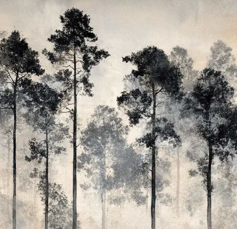 Voyage au cœur des pins – Papier peint panoramique forêt brumeuse - Illulart: Papier peint panoramique