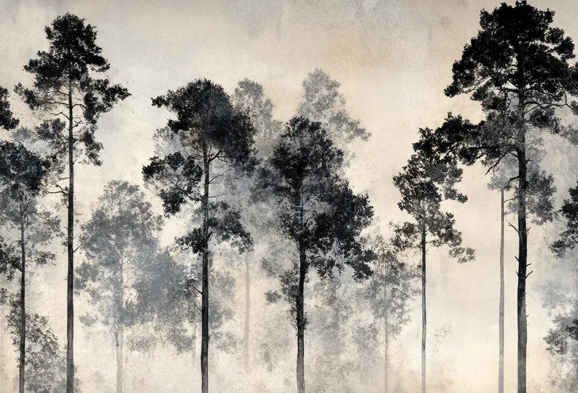 Voyage au cœur des pins – Papier peint panoramique forêt brumeuse - Illulart: Papier peint panoramique