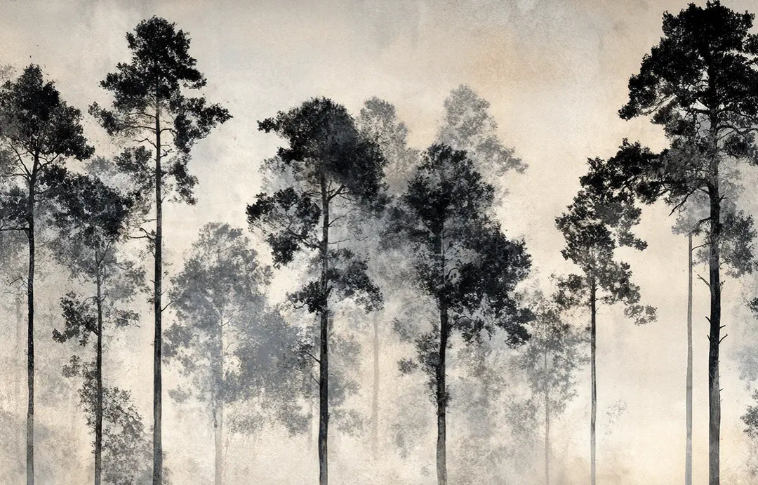 Voyage au cœur des pins – Papier peint panoramique forêt brumeuse - Illulart: Papier peint panoramique