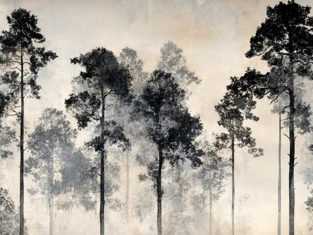 Voyage au cœur des pins – Papier peint panoramique forêt brumeuse - Illulart: Papier peint panoramique
