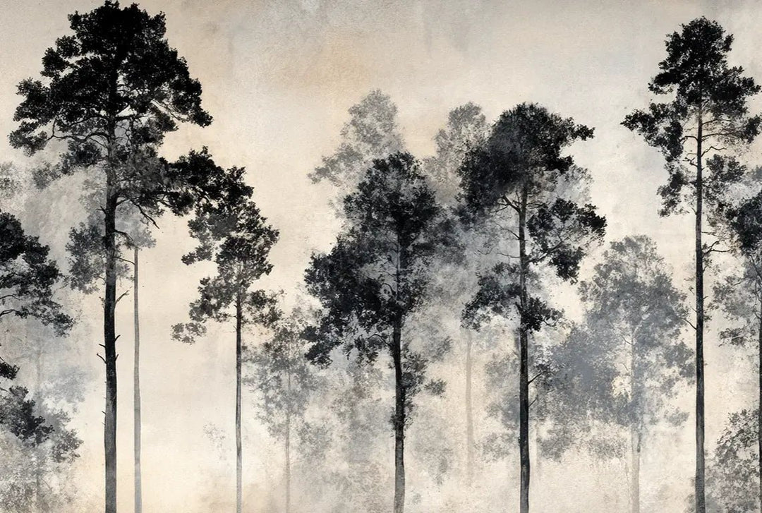 Voyage au cœur des pins – Papier peint panoramique forêt brumeuse - Illulart: Papier peint panoramique