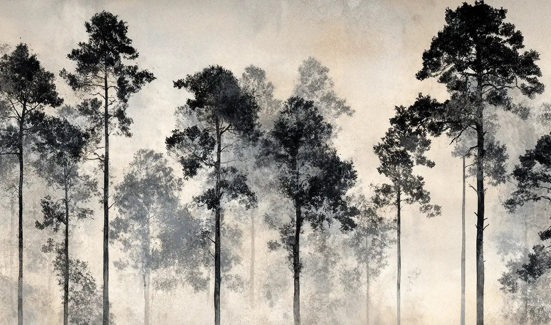Voyage au cœur des pins – Papier peint panoramique forêt brumeuse - Illulart: Papier peint panoramique