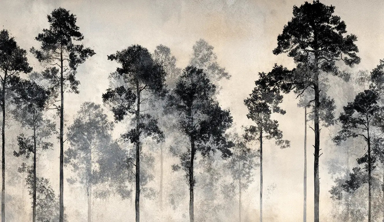 Voyage au cœur des pins – Papier peint panoramique forêt brumeuse - Illulart: Papier peint panoramique