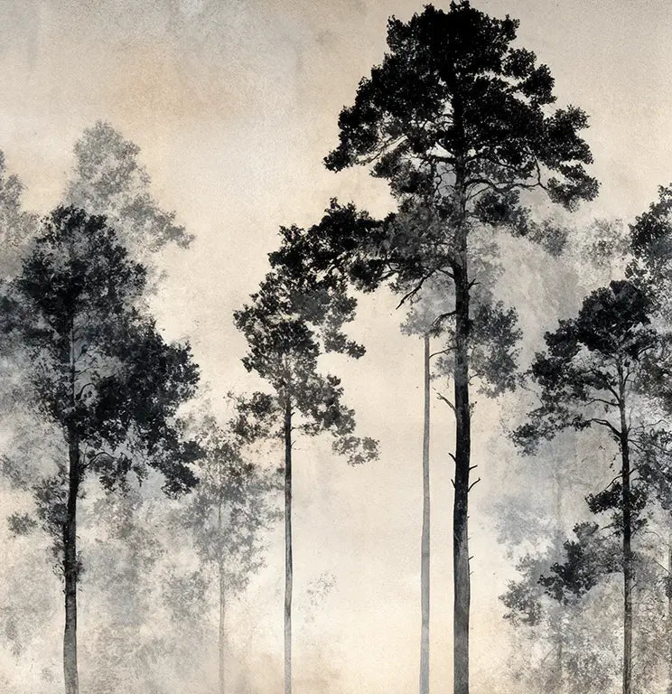 Voyage au cœur des pins – Papier peint panoramique forêt brumeuse - Illulart: Papier peint panoramique