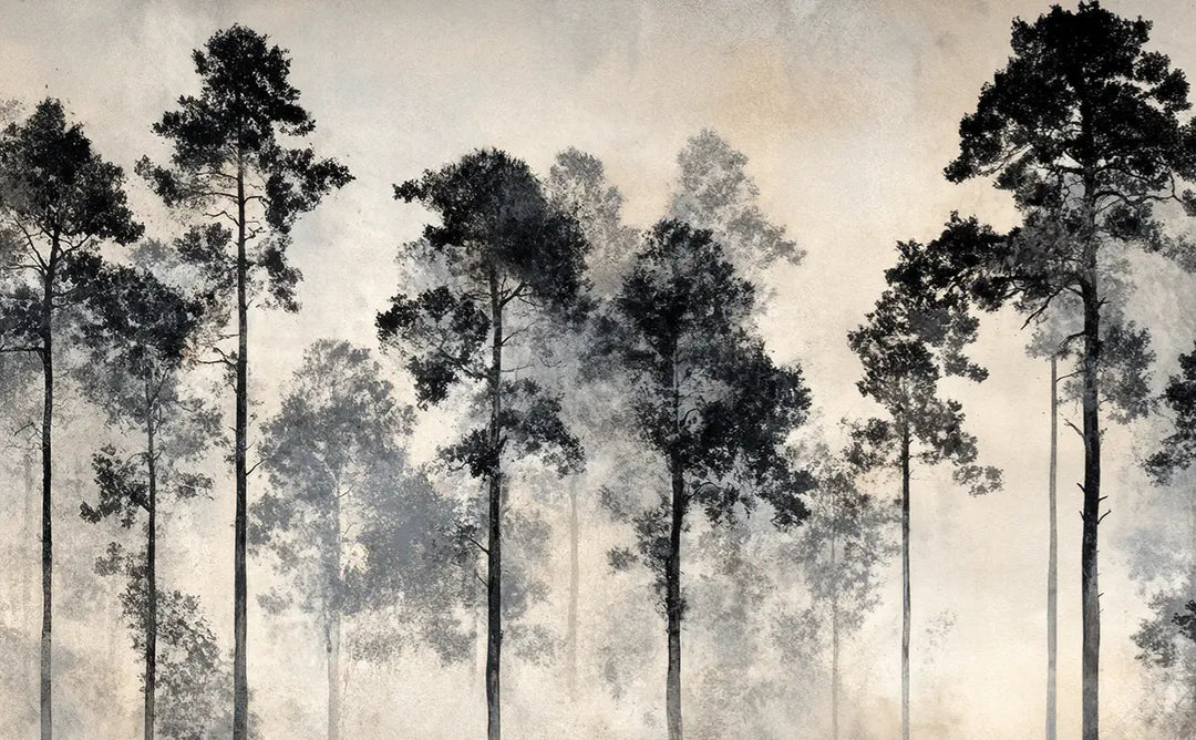 Voyage au cœur des pins – Papier peint panoramique forêt brumeuse - Illulart: Papier peint panoramique