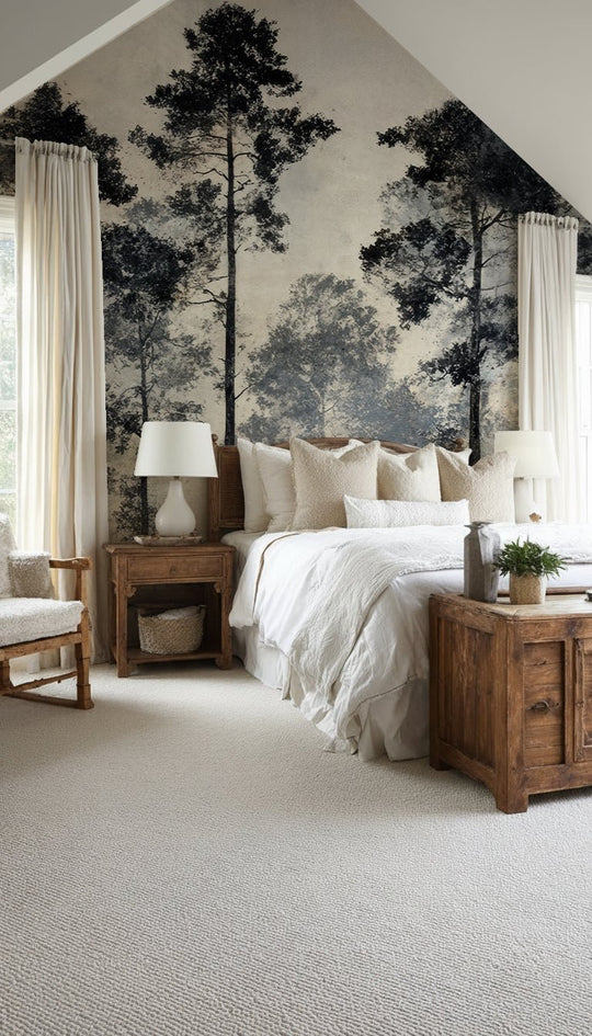 Voyage au cœur des pins – Papier peint panoramique forêt brumeuse - Illulart: Papier peint panoramique