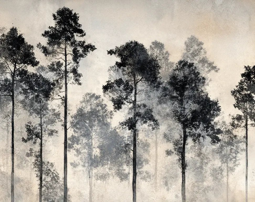 Voyage au cœur des pins – Papier peint panoramique forêt brumeuse - Illulart: Papier peint panoramique