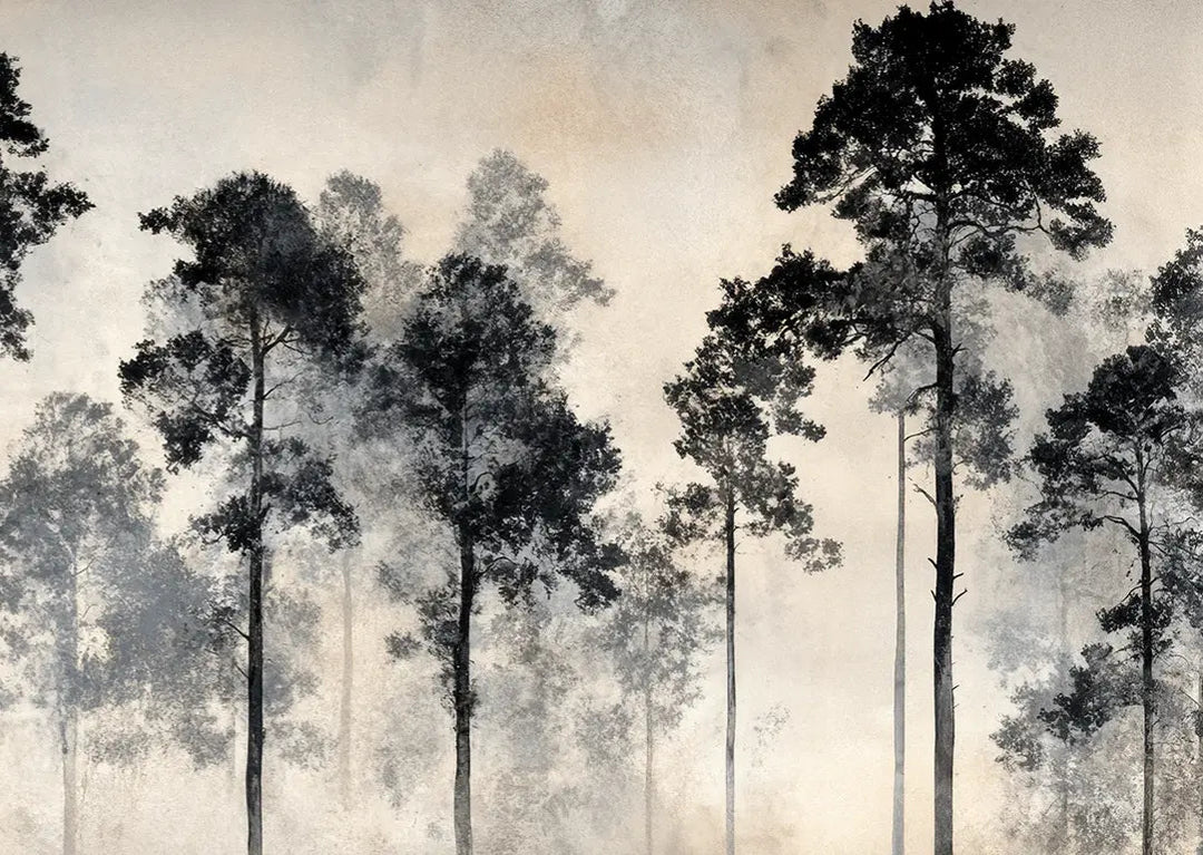 Voyage au cœur des pins – Papier peint panoramique forêt brumeuse - Illulart: Papier peint panoramique