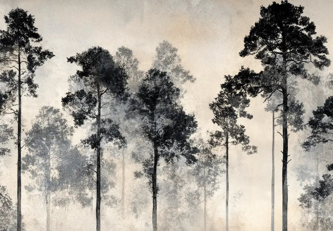 Voyage au cœur des pins – Papier peint panoramique forêt brumeuse - Illulart: Papier peint panoramique