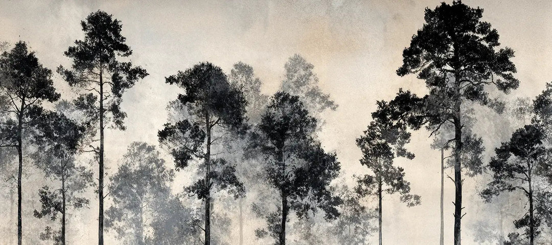 Voyage au cœur des pins – Papier peint panoramique forêt brumeuse - Illulart: Papier peint panoramique