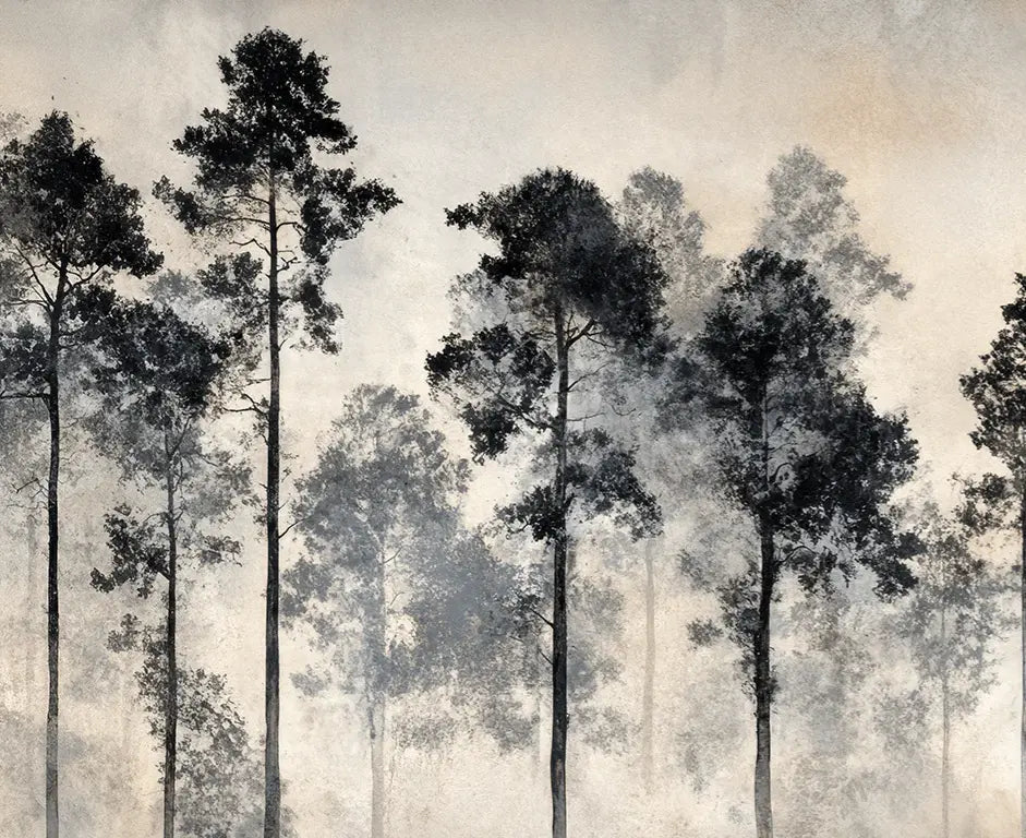 Voyage au cœur des pins – Papier peint panoramique forêt brumeuse - Illulart: Papier peint panoramique