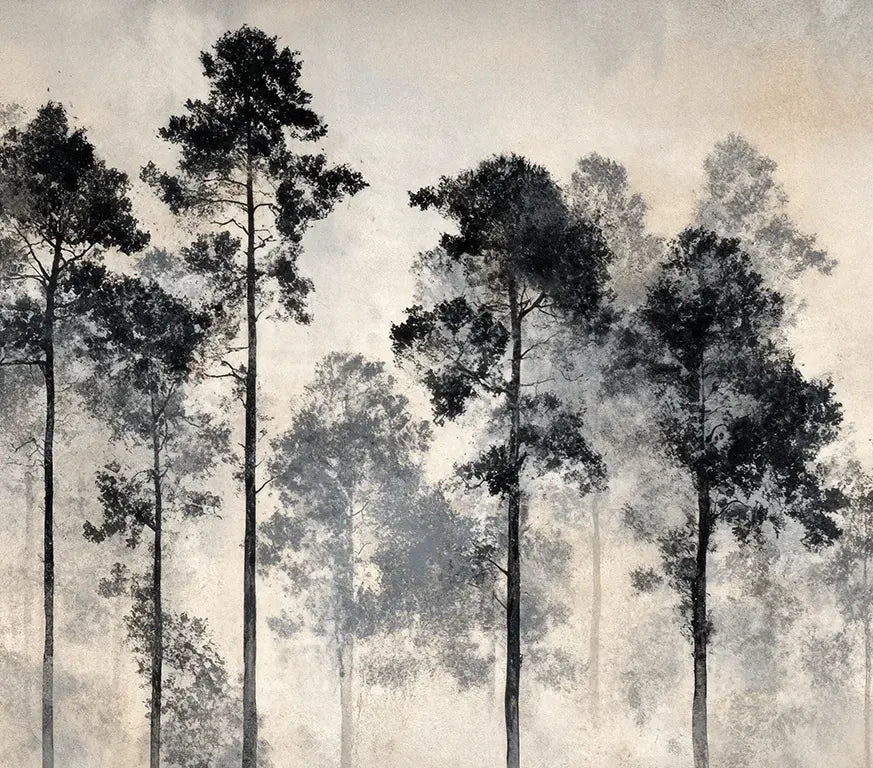 Voyage au cœur des pins – Papier peint panoramique forêt brumeuse - Illulart: Papier peint panoramique
