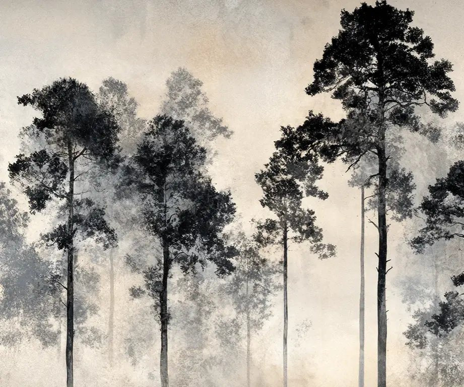 Voyage au cœur des pins – Papier peint panoramique forêt brumeuse - Illulart: Papier peint panoramique