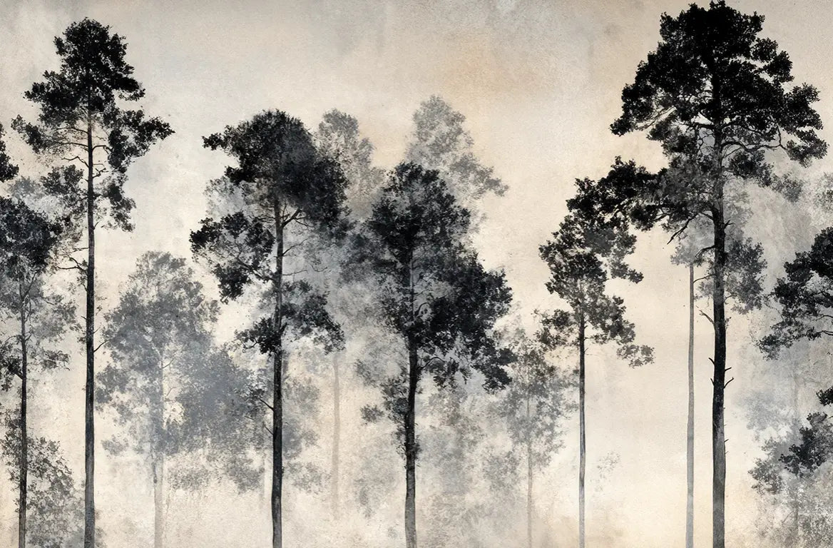 Voyage au cœur des pins – Papier peint panoramique forêt brumeuse - Illulart: Papier peint panoramique