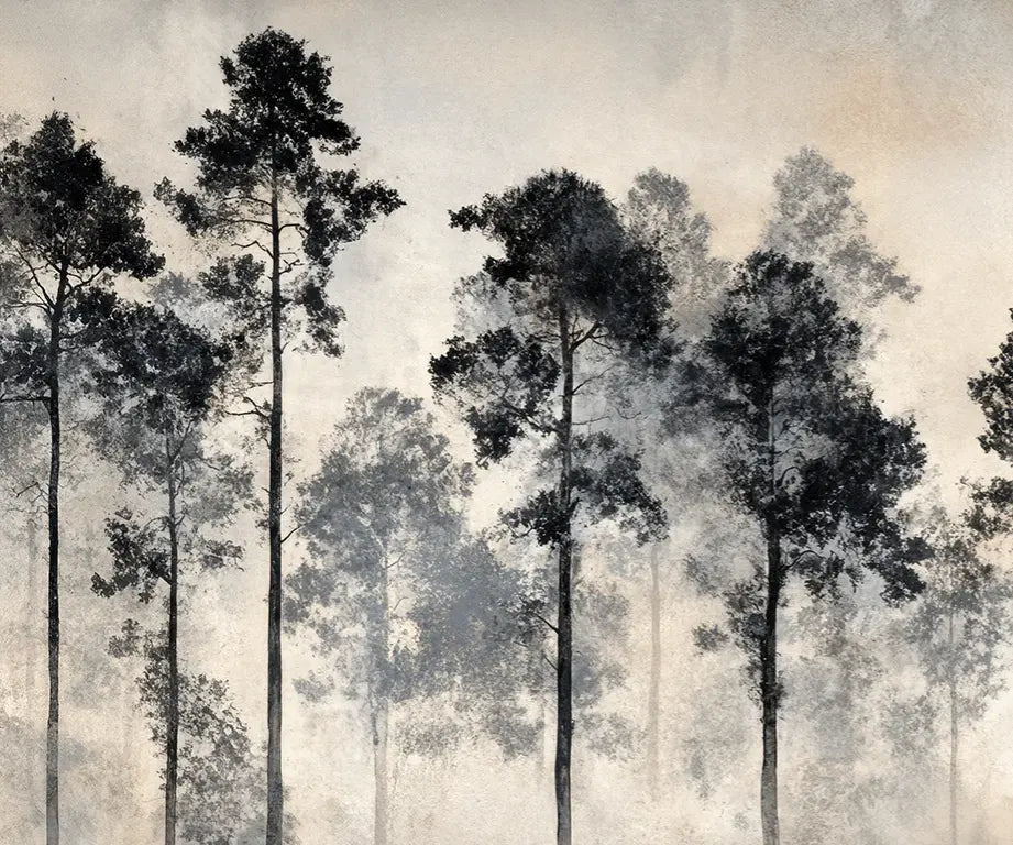 Voyage au cœur des pins – Papier peint panoramique forêt brumeuse - Illulart: Papier peint panoramique