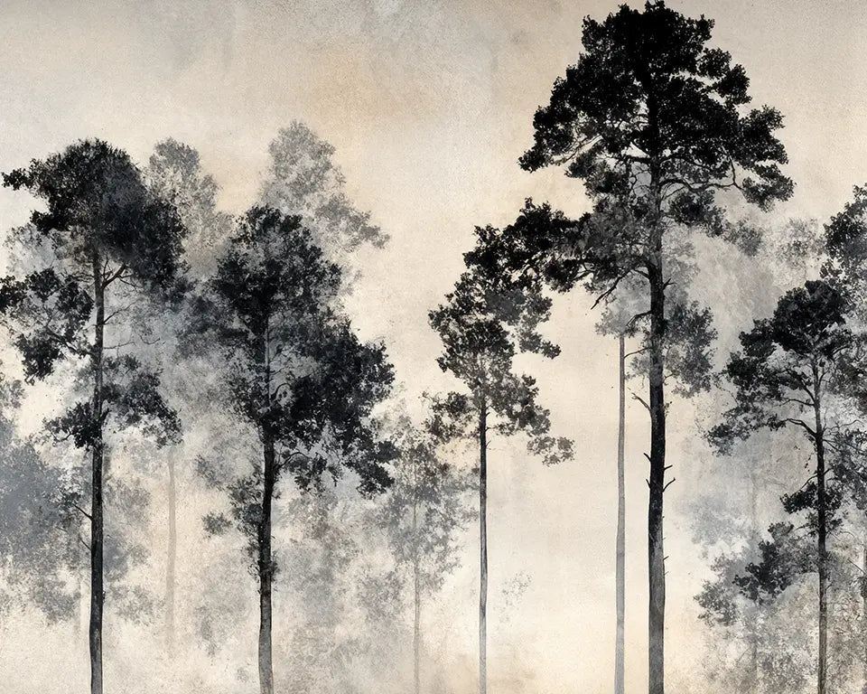 Voyage au cœur des pins – Papier peint panoramique forêt brumeuse - Illulart: Papier peint panoramique