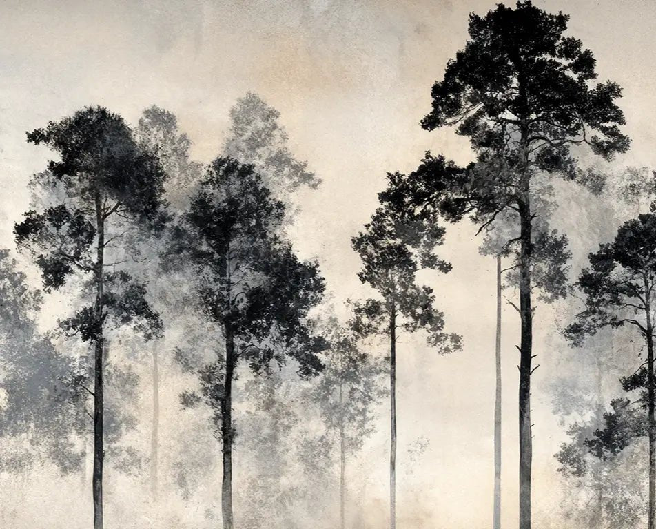 Voyage au cœur des pins – Papier peint panoramique forêt brumeuse - Illulart: Papier peint panoramique