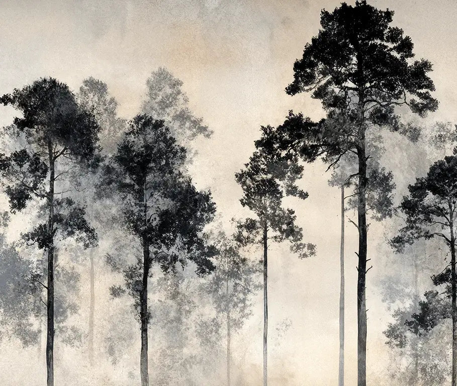 Voyage au cœur des pins – Papier peint panoramique forêt brumeuse - Illulart: Papier peint panoramique