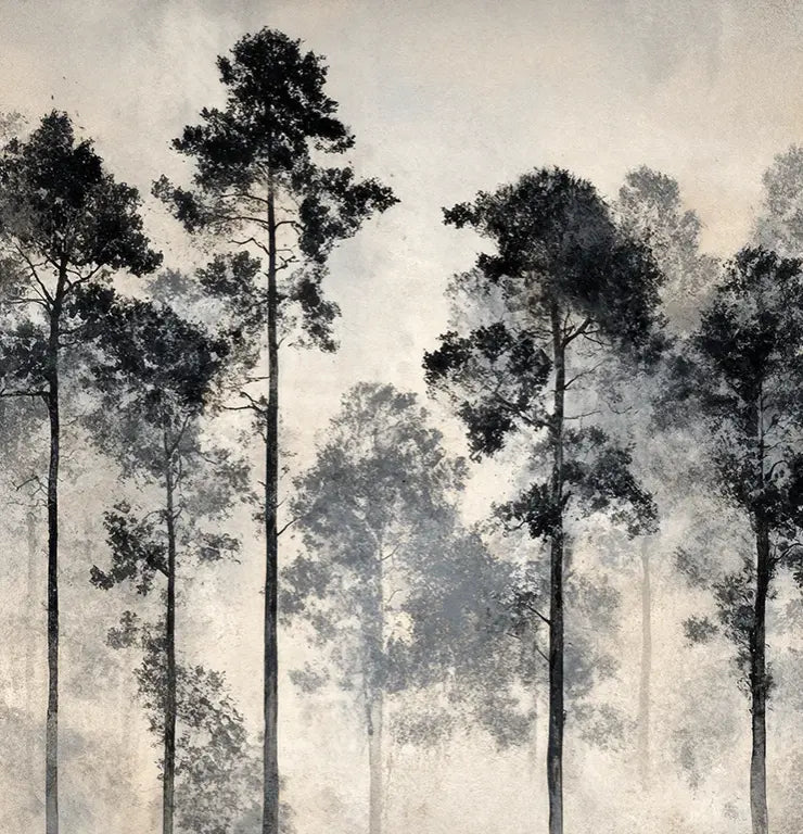 Voyage au cœur des pins – Papier peint panoramique forêt brumeuse - Illulart: Papier peint panoramique