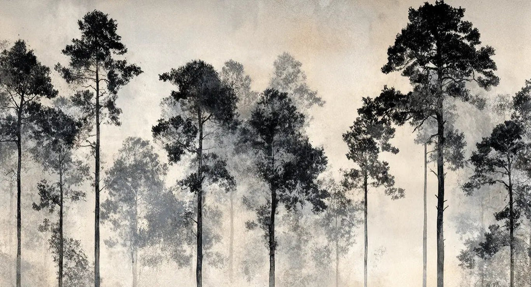 Voyage au cœur des pins – Papier peint panoramique forêt brumeuse - Illulart: Papier peint panoramique