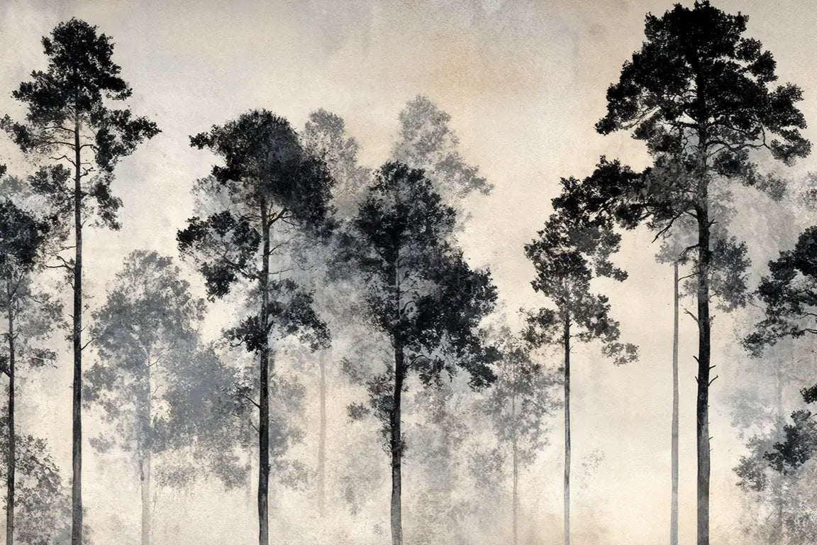 Voyage au cœur des pins – Papier peint panoramique forêt brumeuse - Illulart: Papier peint panoramique