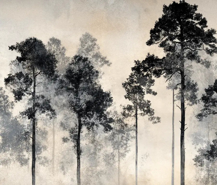Voyage au cœur des pins – Papier peint panoramique forêt brumeuse - Illulart: Papier peint panoramique
