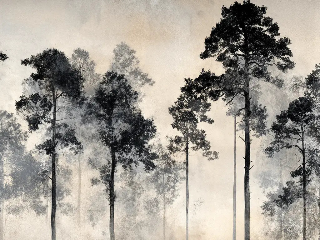 Voyage au cœur des pins – Papier peint panoramique forêt brumeuse - Illulart: Papier peint panoramique