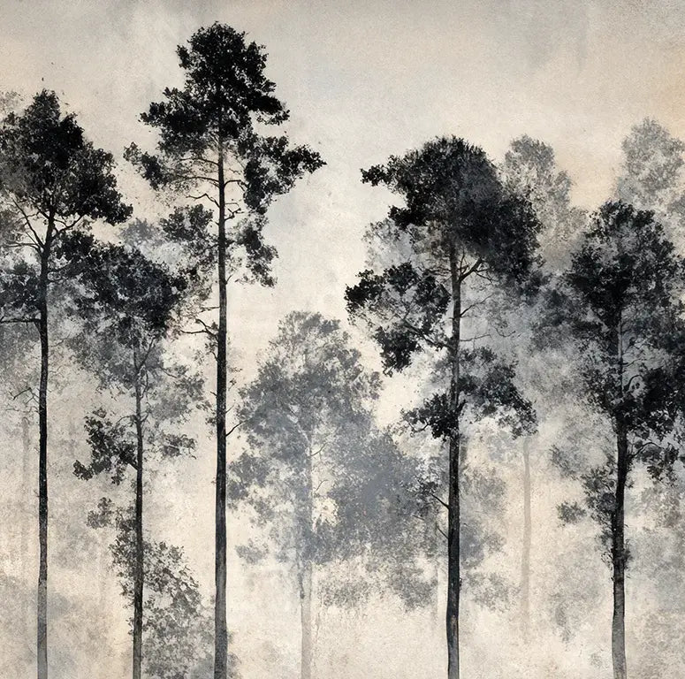 Voyage au cœur des pins – Papier peint panoramique forêt brumeuse - Illulart: Papier peint panoramique