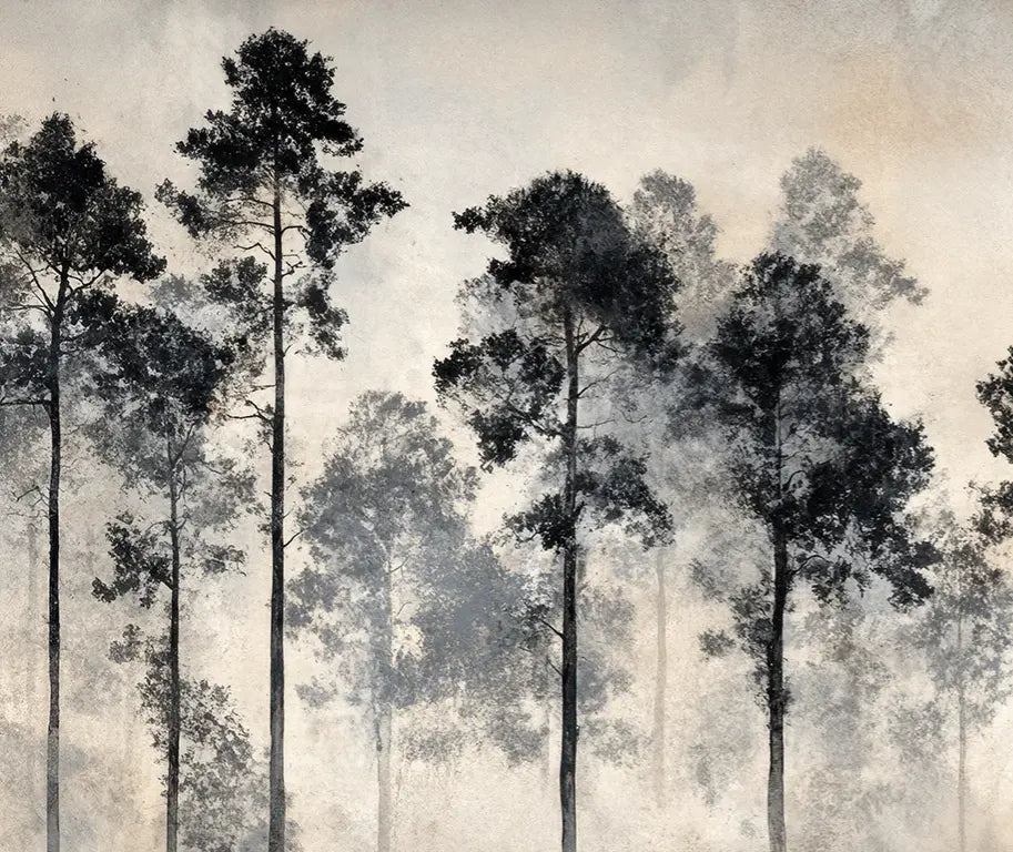 Voyage au cœur des pins – Papier peint panoramique forêt brumeuse - Illulart: Papier peint panoramique