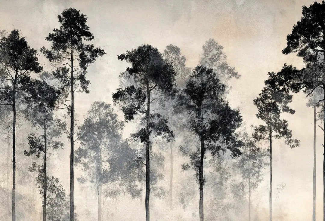Voyage au cœur des pins – Papier peint panoramique forêt brumeuse - Illulart: Papier peint panoramique