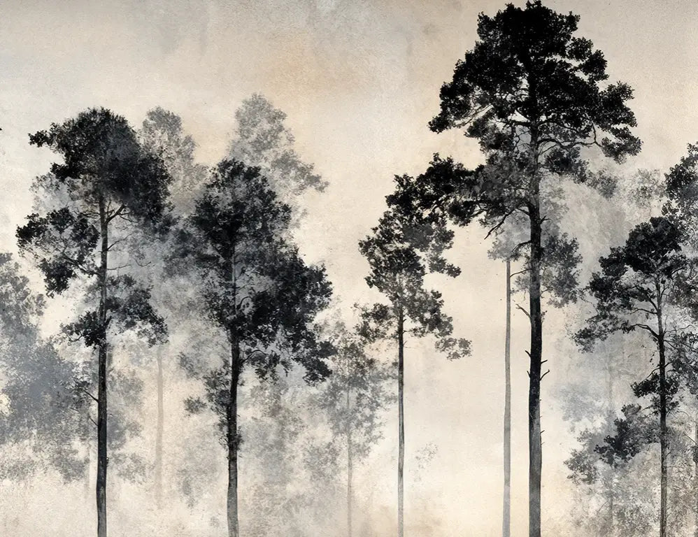 Voyage au cœur des pins – Papier peint panoramique forêt brumeuse - Illulart: Papier peint panoramique