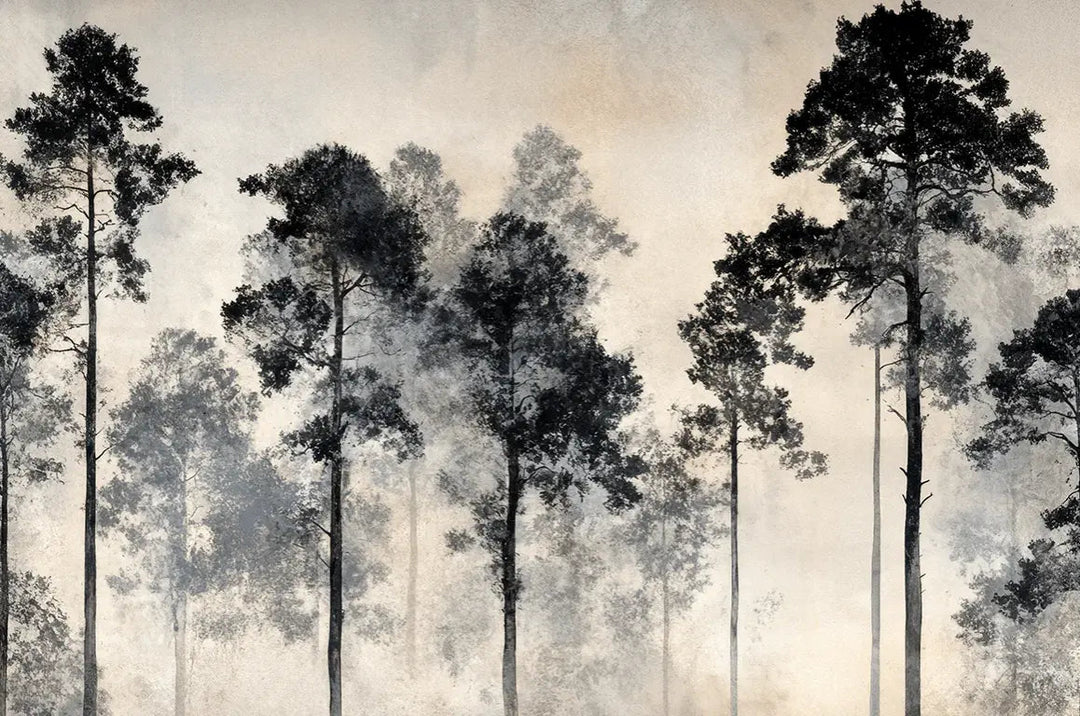Voyage au cœur des pins – Papier peint panoramique forêt brumeuse - Illulart: Papier peint panoramique