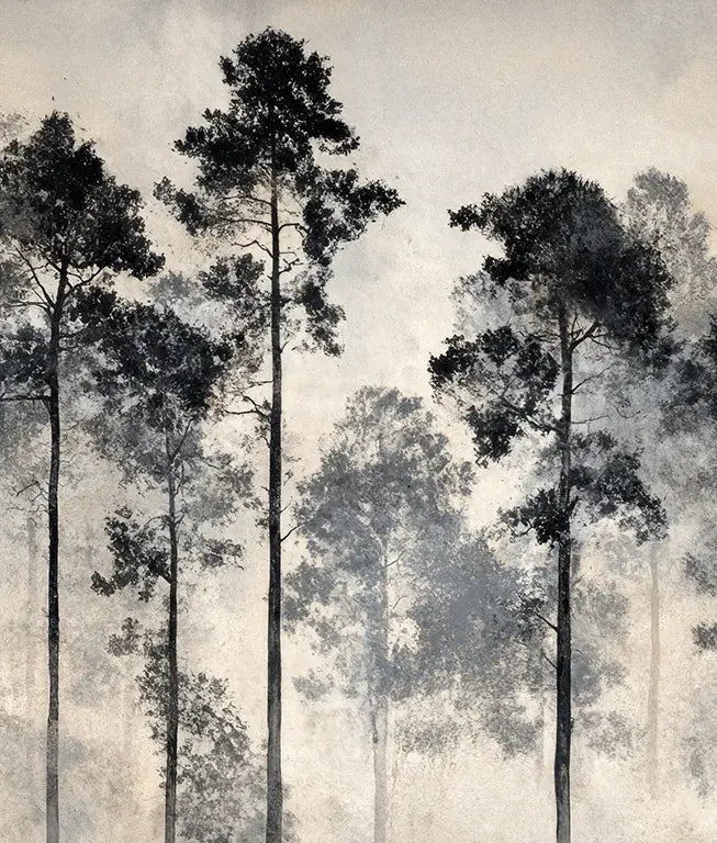 Voyage au cœur des pins – Papier peint panoramique forêt brumeuse - Illulart: Papier peint panoramique