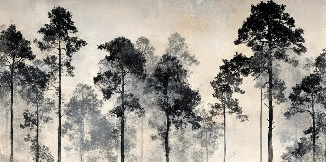 Voyage au cœur des pins – Papier peint panoramique forêt brumeuse - Illulart: Papier peint panoramique