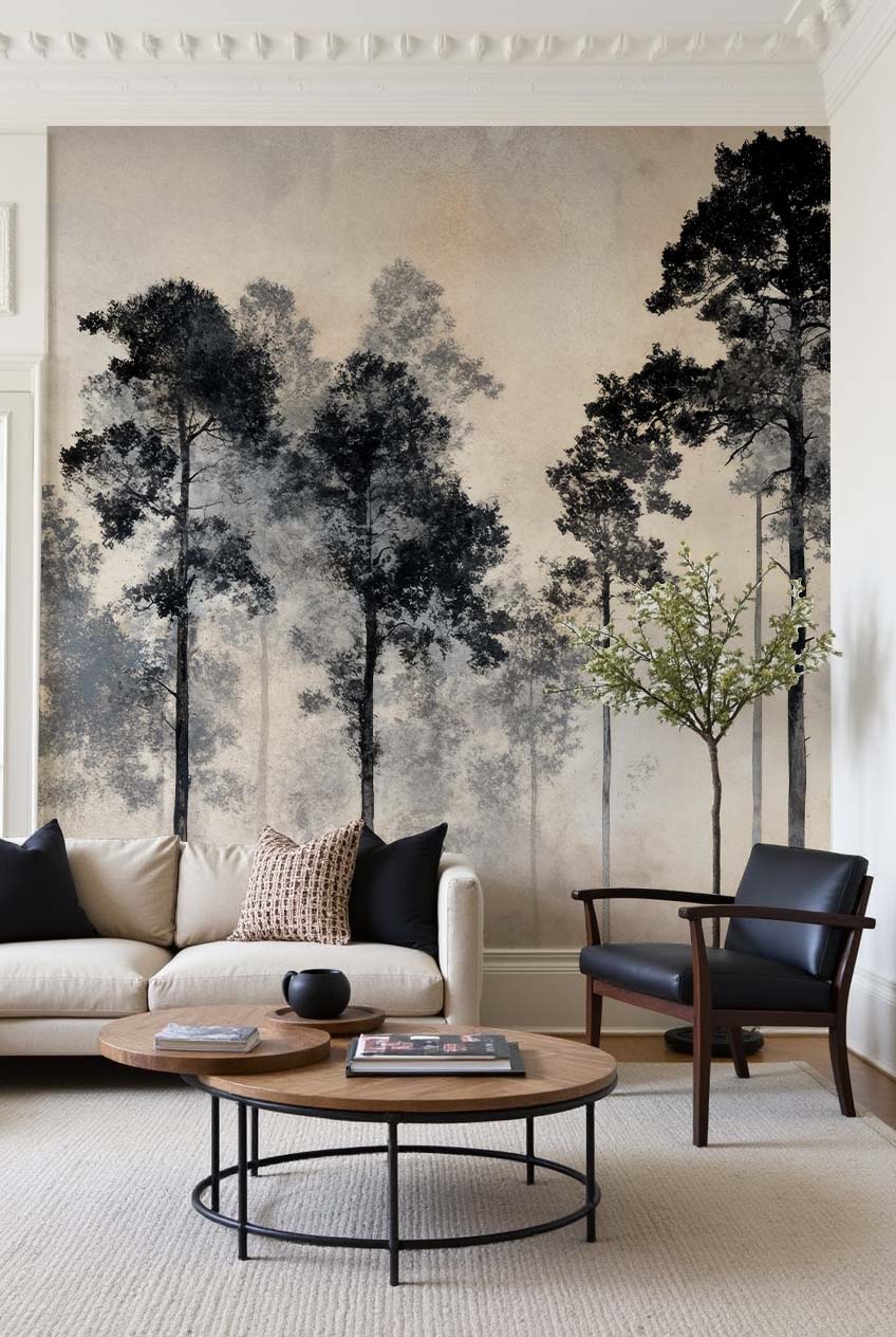 Voyage au cœur des pins – Papier peint panoramique forêt brumeuse - Illulart: Papier peint panoramique