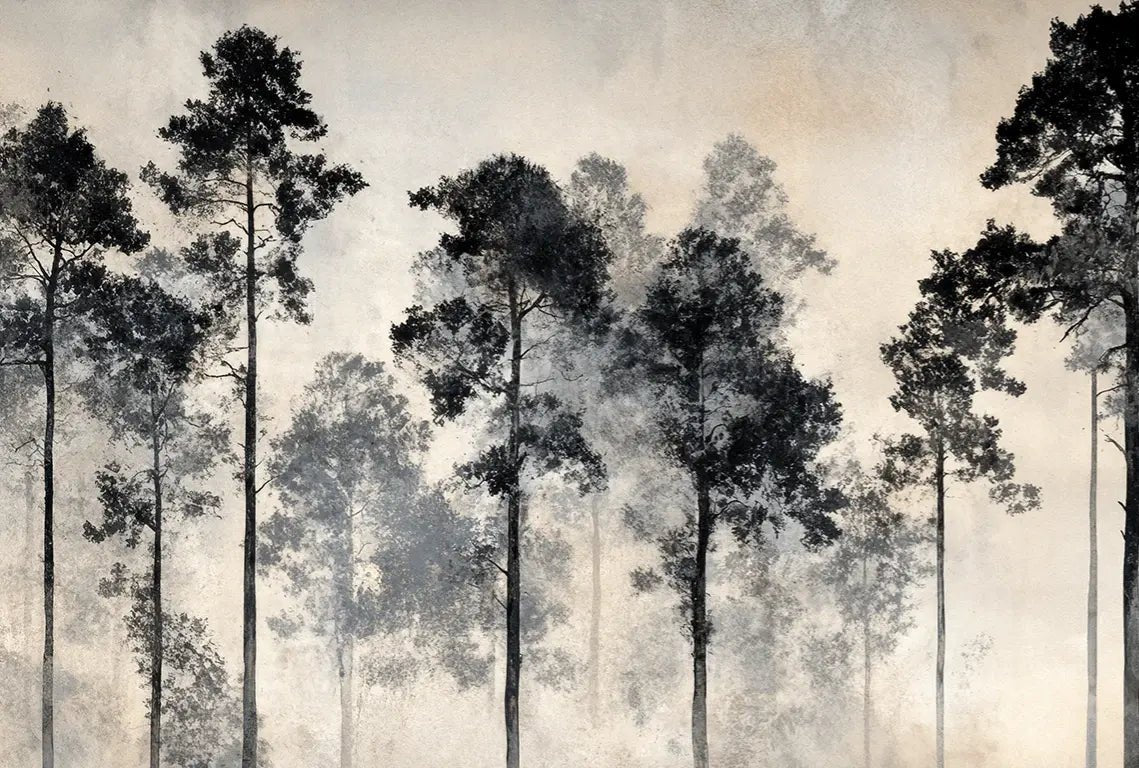 Voyage au cœur des pins – Papier peint panoramique forêt brumeuse