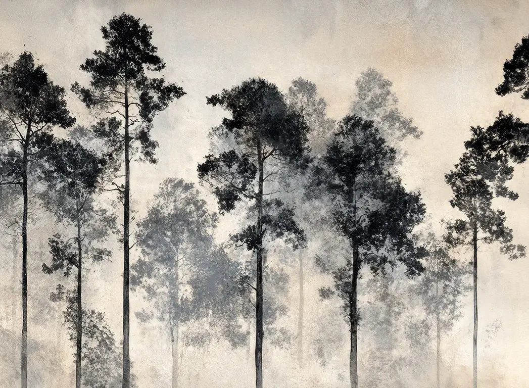 Voyage au cœur des pins – Papier peint panoramique forêt brumeuse - Illulart: Papier peint panoramique