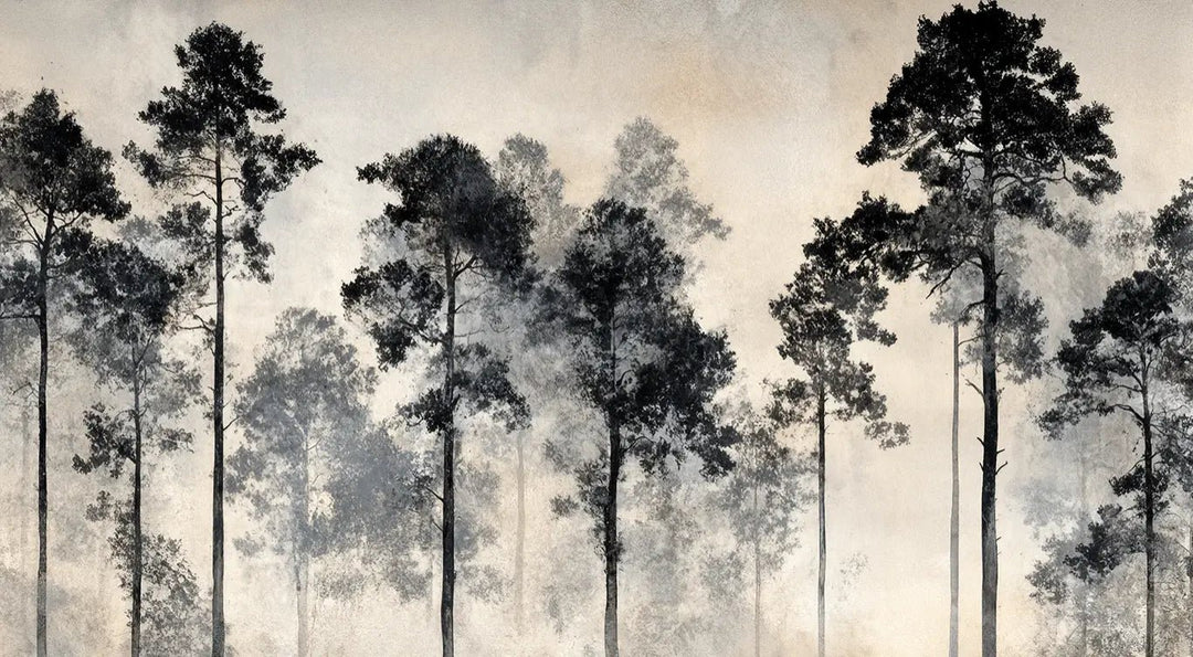 Voyage au cœur des pins – Papier peint panoramique forêt brumeuse - Illulart: Papier peint panoramique
