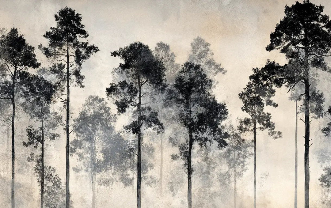 Voyage au cœur des pins – Papier peint panoramique forêt brumeuse - Illulart: Papier peint panoramique