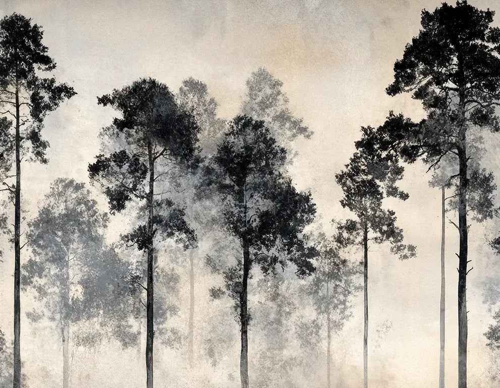 Voyage au cœur des pins – Papier peint panoramique forêt brumeuse - Illulart: Papier peint panoramique