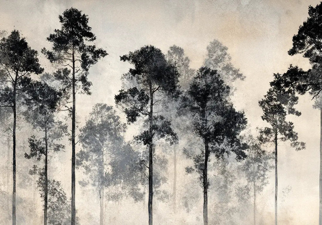 Voyage au cœur des pins – Papier peint panoramique forêt brumeuse - Illulart: Papier peint panoramique