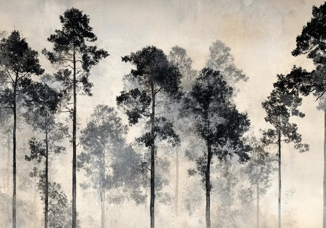 Voyage au cœur des pins – Papier peint panoramique forêt brumeuse - Illulart: Papier peint panoramique