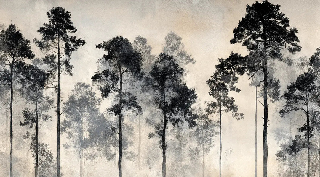 Voyage au cœur des pins – Papier peint panoramique forêt brumeuse - Illulart: Papier peint panoramique