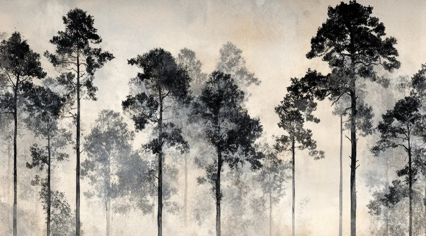 Voyage au cœur des pins – Papier peint panoramique forêt brumeuse - Illulart: Papier peint panoramique