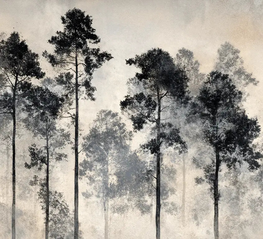 Voyage au cœur des pins – Papier peint panoramique forêt brumeuse