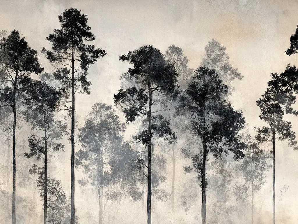 Voyage au cœur des pins – Papier peint panoramique forêt brumeuse - Illulart: Papier peint panoramique