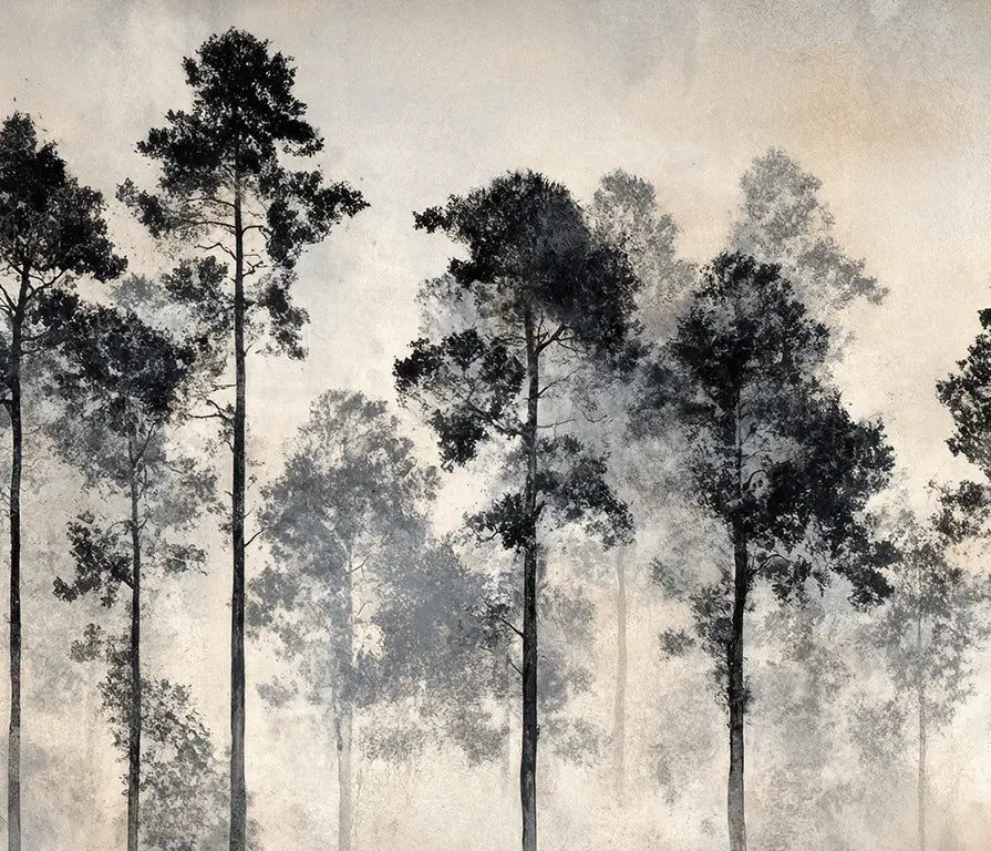 Voyage au cœur des pins – Papier peint panoramique forêt brumeuse - Illulart: Papier peint panoramique