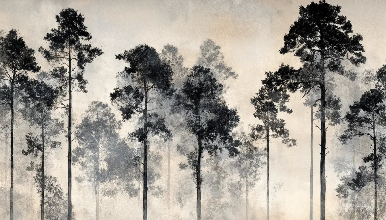 Voyage au cœur des pins – Papier peint panoramique forêt brumeuse - Illulart: Papier peint panoramique