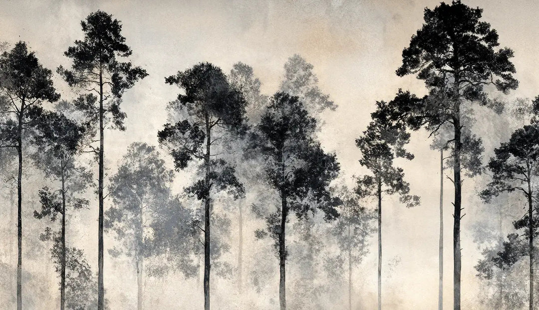 Voyage au cœur des pins – Papier peint panoramique forêt brumeuse - Illulart: Papier peint panoramique